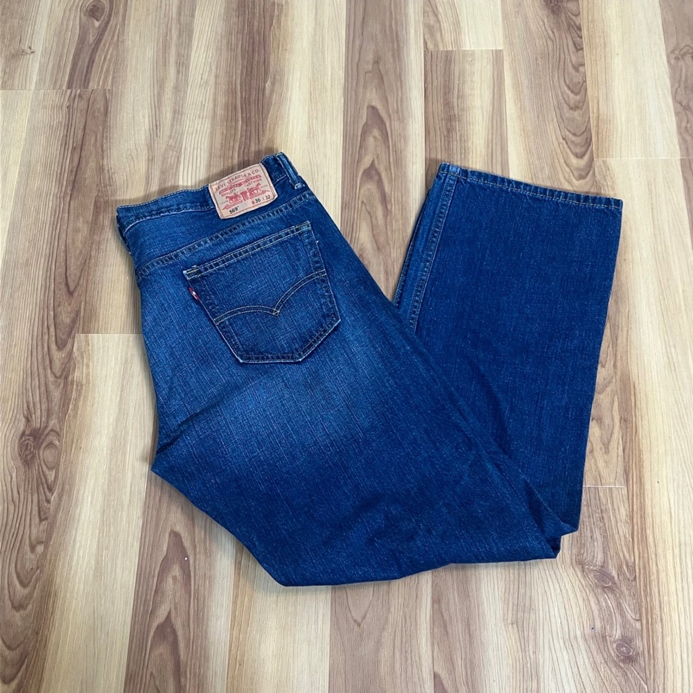 Levi Levis 569 Loose Straight Jeans Mens Baggy Fit Denim 36x32 Blue Dark WhIsker
